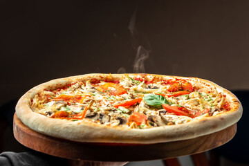 Wall Mural - Hot big pizza tasty pizza composition with steam smoke, place for text