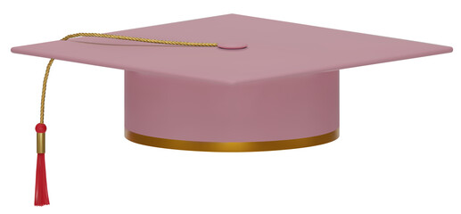 3D realistic Graduation university or college pink cap isolated on white background. Graduate college, high school, Academic, or university cap. Hat for degree ceremony. 3D png illustration.