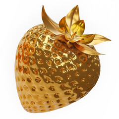 3D render golden strawberries with leaf isolate on white background. Gold strawberry on background. Collection Side view berry strawberries. Clipping Path. 3D png rendering.