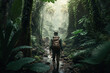 Unrecognizable man traveler with backpack in greens jungle , rainforest. Adventure, travel, tourism, ecotourism freedom and active lifestyle concept, AI Generative