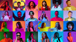 Shock and excitement. Collage made of different people, men and women of diversity age, race and nationality showing emotions over multicolor background. Concept of emotions, human rights and equality