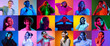 © master1305 - Collage of different people of diverse gender, age and race listening to music in headphones over multicolored background in neon light. Concept of emotions, human rights and equality, youth, ad