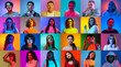 © master1305 - Collage of faces of emotional people of diverse gender, age and race on multicolored backgrounds in neon light. Concept of emotions, human rights and equality, youth, lifestyle, ad