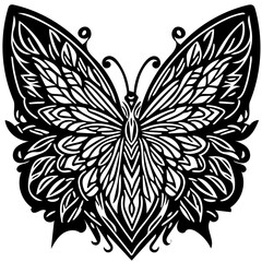 Wall Mural - Black and white retro illustration of butterfly in tribal style, tattoo art, vector drawing 