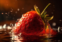 Ripe, Red Strawberries In A Splash Of Water. Berry On A Dark Background. Health And Vitamins. Ai Generative.