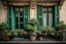 Window Doors And French Balcony Decorated With Three Green Potted Plants. Generative AI