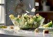 Caesar salad ingredients falling into bowl. AI generative illustrations