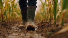 Agriculture Farmer In Rubber Boots Walk Through A Wheat Corn Field