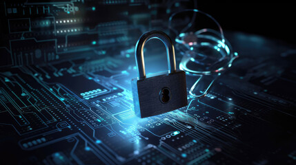 Wall Mural - monitor digital closed padlock on digital data safety with generative ai technology