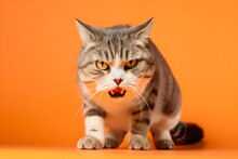 Growling Tabby Cat Isolated On Orange Studio Background, Made With Generative Ai	