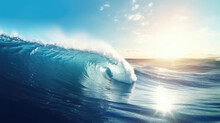 Surfing Wave In Blue Ocean Crest Sea Water With Sun Over Blue Sky Background With Generative AI Technology