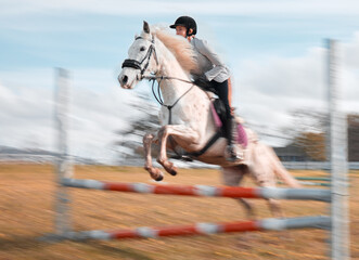 Poster - Once you build trust, you will soar. a young rider jumping over a hurdle on her horse.