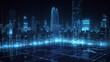 © TensorSpark - Smart city on a dark blue background, featuring intelligent infrastructure and connected buildings. This futuristic cityscape showcases IoT, 5G and AI integration. Generative AI
