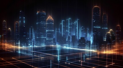 Wall Mural - Smart city on a dark blue background, featuring intelligent infrastructure and connected buildings. This futuristic cityscape showcases IoT, 5G and AI integration. Generative AI