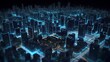 © TensorSpark - Smart city on a dark blue background, featuring intelligent infrastructure and connected buildings. This futuristic cityscape showcases IoT, 5G and AI integration. Generative AI