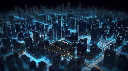Wall Mural - Smart city on a dark blue background, featuring intelligent infrastructure and connected buildings. This futuristic cityscape showcases IoT, 5G and AI integration. Generative AI