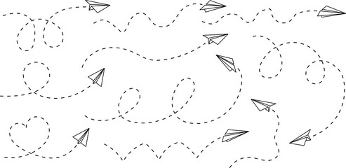 Set of hand drawn paper airplanes. Doodle paper plane icons on transparent background. PNG image