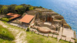 Aerial view of the Odeon of the imperial villa in the archaeological park of Pausilypon. The ancient Roman ruins are located in the Posillipo district, in Naples, Italy.