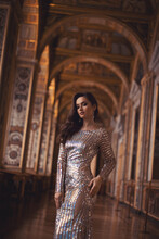 Portrait Of A Gorgeous Young Brunette Girl In A Shiny Ivory-sequined Dress Standing In A Palace Interioir.