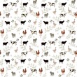 Seamless pattern with farm animals on white background. Illustration with cow, rooster, goose, sheep, lamb and botanical ornament for fabric, wallpapers, textile, paper, books, nursing