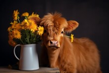 Baby Highland Cow With Spring Flowers In A Vase. Christmas Holiday. Generative AI