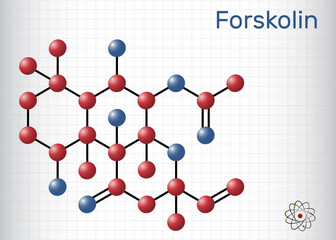 Sticker - Forskolin, coleonol molecule. It is anti-HIV agent, labdane diterpene, is found in the Indian Coleus plant. Structural chemical formula, molecule model. Sheet of paper in a cage.