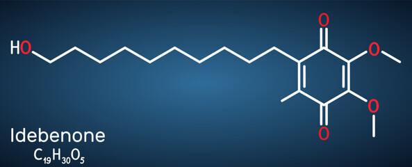 Poster - Idebenone molecule. It is antioxidant, ferroptosis inhibitor, synthetic analog of coenzyme Q10, used for Alzheimer disease. Structural chemical formula on the dark blue background.