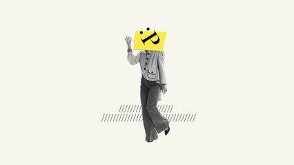 Wall Mural - Stop motion, animation. Creative design. Cheerful mood. Woman with positive network symbol. Happiness. Concept of symbolism, modern technologies, emotions, imagination and inspiration