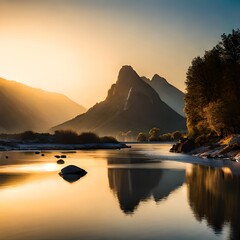 The golden light of the setting sun reflects on mountain peaks, and in front is an calm river with rocks at its edge