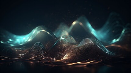 Poster - Abstract wave background with many glowing particles. Musical wave. Digital network background. Generative ai