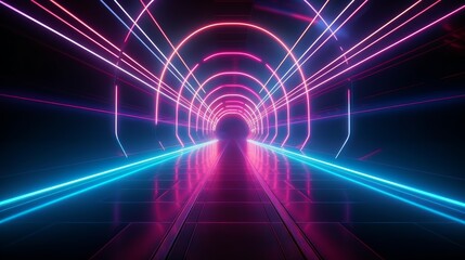 Aufkleber - Abstract color neon light footpath direction in perspective in the futuristic city background, Generative AI