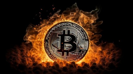 Aufkleber - Bitcoin BTC burning in flames. Generative AI