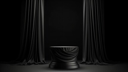 Black podium and curtain for product presentation. Generative ai