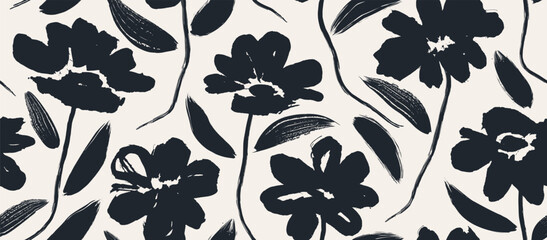 flowers hand drawn vector seamless pattern. Black brush flower silhouettes. 