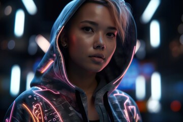 A Woman With A Hoodie On In A Dark Room With Neon Lights Arcade Advertising Photography Fitness Apparel Generative AI