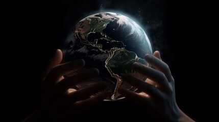 Wall Mural - Hand holding planet earth, earth day concept, environment preservation concept, Generative AI