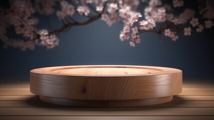 Aufkleber - Empty circle podium, wooden circle with spring cherry. Podium for product presentation. Empty podium with sakura in the background. Generative AI