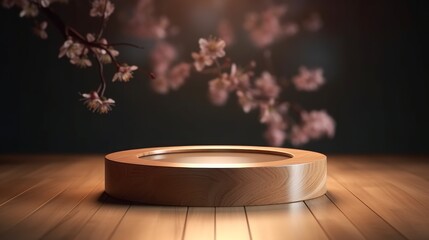 Aufkleber - Empty circle podium, wooden circle with spring cherry. Podium for product presentation. Empty podium with sakura in the background. Generative AI