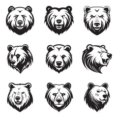 bear head logo, silhouette set, black icon, mascot, bear silhouette, animals vector illustration