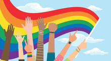 People Hold Hands Up Celebrates LGBT Pride Month. Illustration, Poster, Vector, Background Or Wallpaper.    