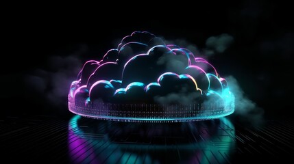 Fototapete - 3d illustration of a cloud raining neon light. Generative ai