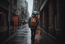 Image Of A Person From The Back Walking Down A Wet City Street On A Grey, Rainy Day, Capturing The Mood And Ambiance Of A Gloomy Day - Generative AI