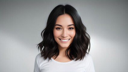 Wall Mural - Adult woman with black, curly hair smiling into camera. Isolated background with mockup. Generative AI.