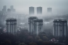 Misty Cityscape On A Grey, Rainy Day, Showcasing The Contrast Between The Natural Elements And The Man-made Environment - Generative AI