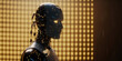 © ADDICTIVE STOCK - Generative AI illustration of black shiny robot with connected cables and glowing eyes looking away in futuristic room