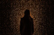 © ADDICTIVE STOCK - Generative AI illustration of back view of unrecognizable female with long brown hair standing near illuminated wall in futuristic space