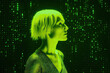 © ADDICTIVE STOCK - Generative AI illustration of side view of thoughtful young woman with blond hair looking away while standing in green neon illuminated room against digital background