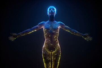 AI illustration of computer generated woman with circuit board pattern on body and outstretched arms standing against black background