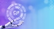 © tete_escape - Smart home technology concept. Virtual circular futuristic interface with digital management icons, automation assistant menu in on AI human robot's hand on gradient blue background with copy space.