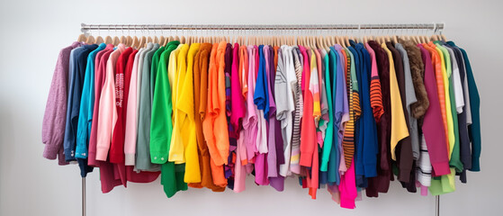 Wall Mural - Fashion clothes on clothing rack - bright colorful closet. Closeup of rainbow color choice of trendy female wear on hangers in store closet or spring cleaning concept. Summer home wardrobe. 